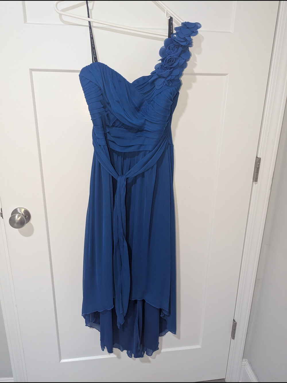 Studio One-Shoulder Royal Blue Chiffon Dress with Floral Strap